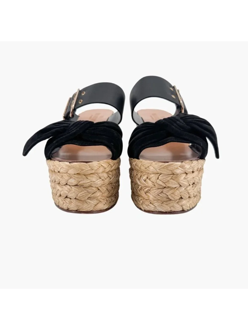 Valentino Black Suede Bow Braided Raffia Espadrille Wedge Sandals Size 38 US 8